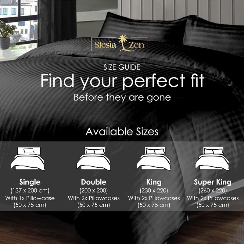 Siesta Zen 100% Cotton Luxury Hotel Quality Sateen Duvet Cover Set with 2cm Satin Stripe - Black, Queen Size (240x220cm) - Image 5